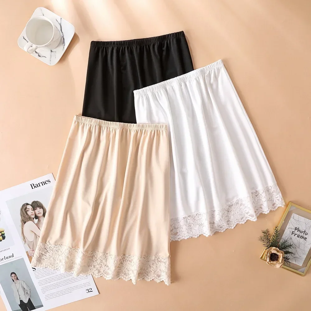 Ladies Elastic Waist Half Skirt Petticoat Short Dress Female Milk Silk White Lace Commuter Office Woman Anti-Empty Underskirt