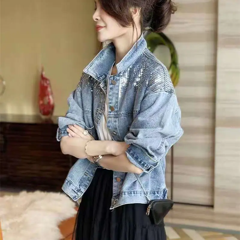 Denim Coat Female Ins Short Early Autumn Coat Sequins Loose Korean Version of Joker Autumn 2024 New Style