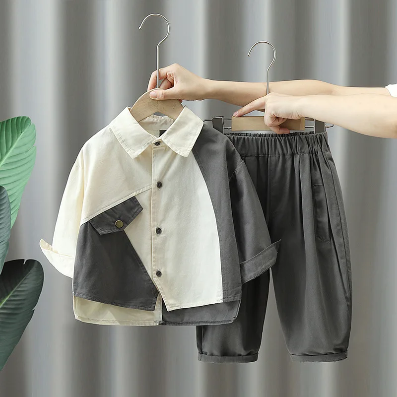4085Boys' autumn outfit set2026New trendy two-piece set of loose-fitting long-sleeved shirts for stylish boys