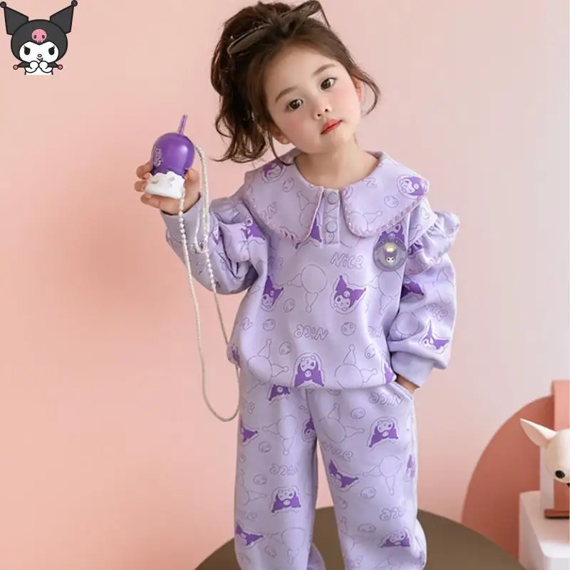 

Kawaii Cartoon Anime Girls Doll Collar Ruffle Sweater Set Kuromi Sanrio Spring and Autumn New Trousers Long Sleeves Fashionable