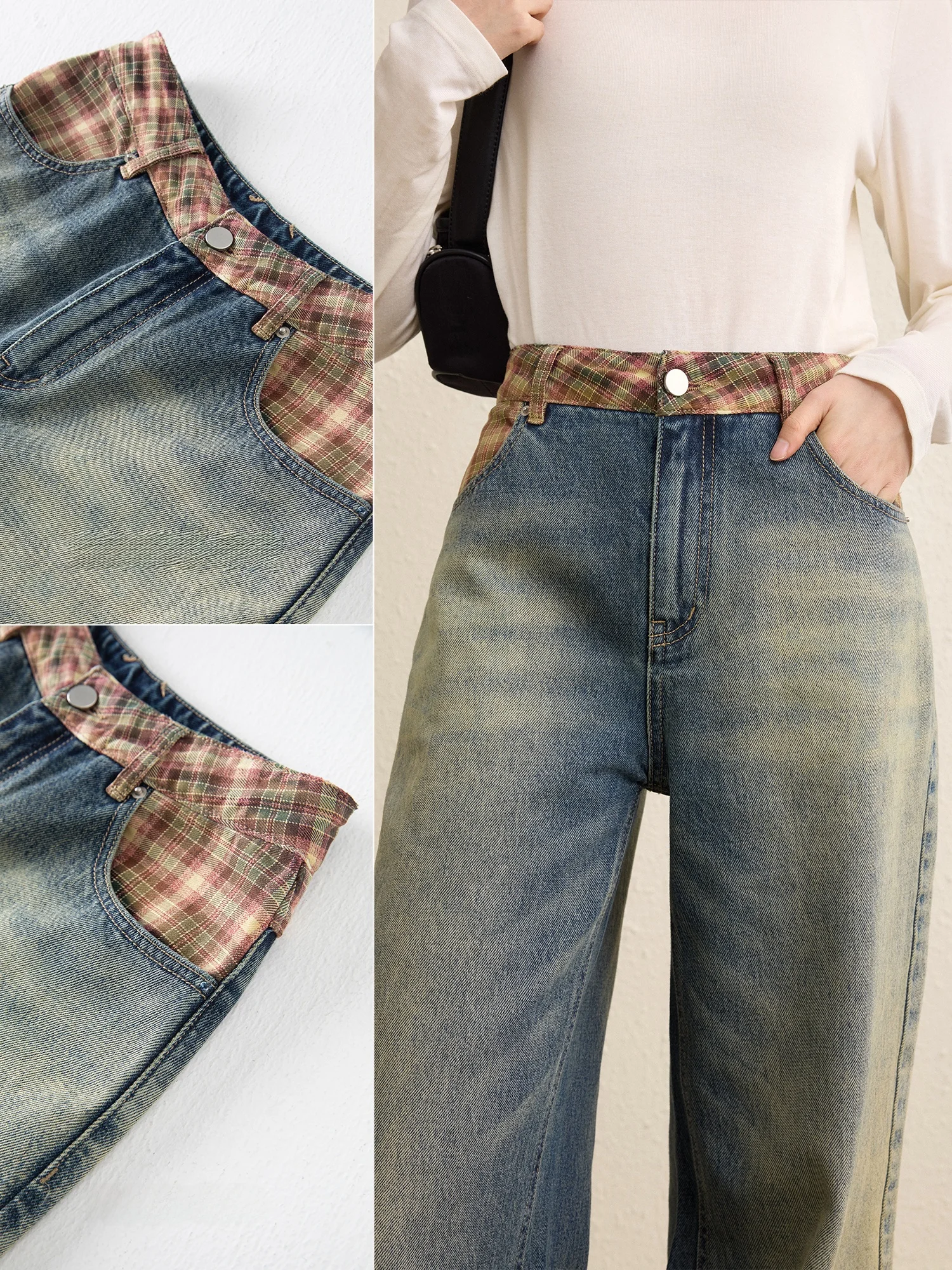 

Американские джинсы Pumpkin Valley из денима в клетку с высокой талией, пэчворком, эффектом выцветания, из хлопка, на резинке, прямого кроя, женские