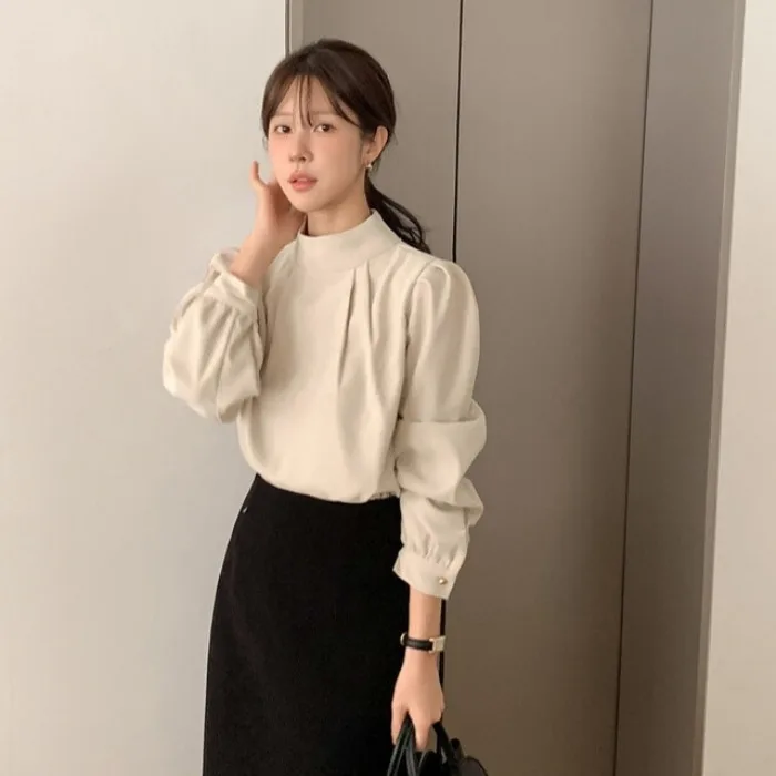 

Ele Gentle Stand Collar Long Sve irt French Sle Pleated Design Versatile Women's Premium Quali Straight Cut Top