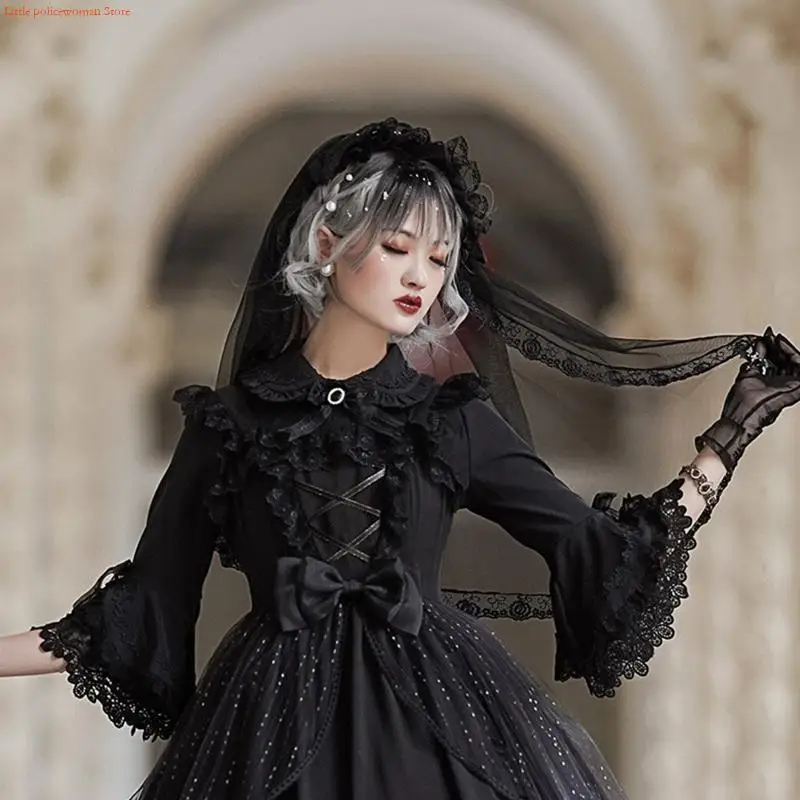 F92D Elegant Black White Veil One-layer Lace Veil Headdress for Best
