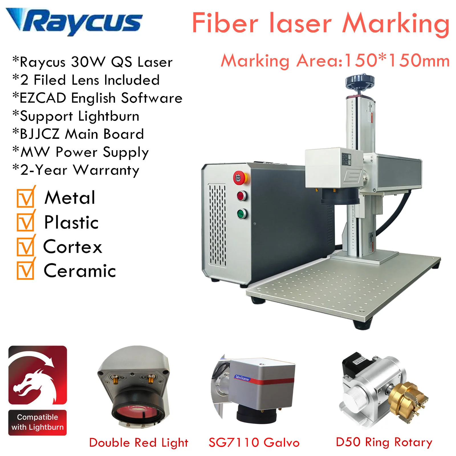 SG7110 Galvo Galvameter Updated, Desktop Split Fiber Laser Metal Marking Engraving Machine with Rotary Raycus 20W 30W 50W