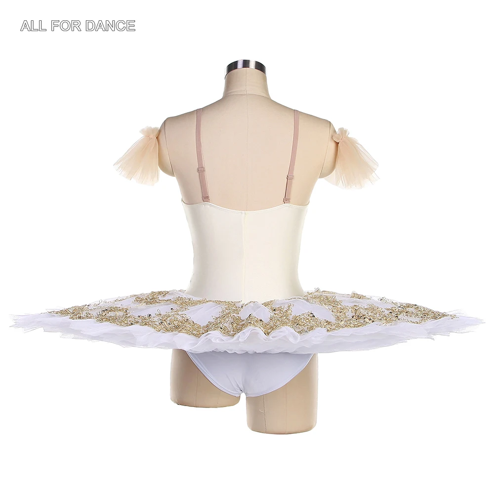 BLL537 Ivory Spandex Bodice Pre-professional Ballet Tutu With White Still Tulle Tutu Gold Trim Women & Girl Ballet Tutu