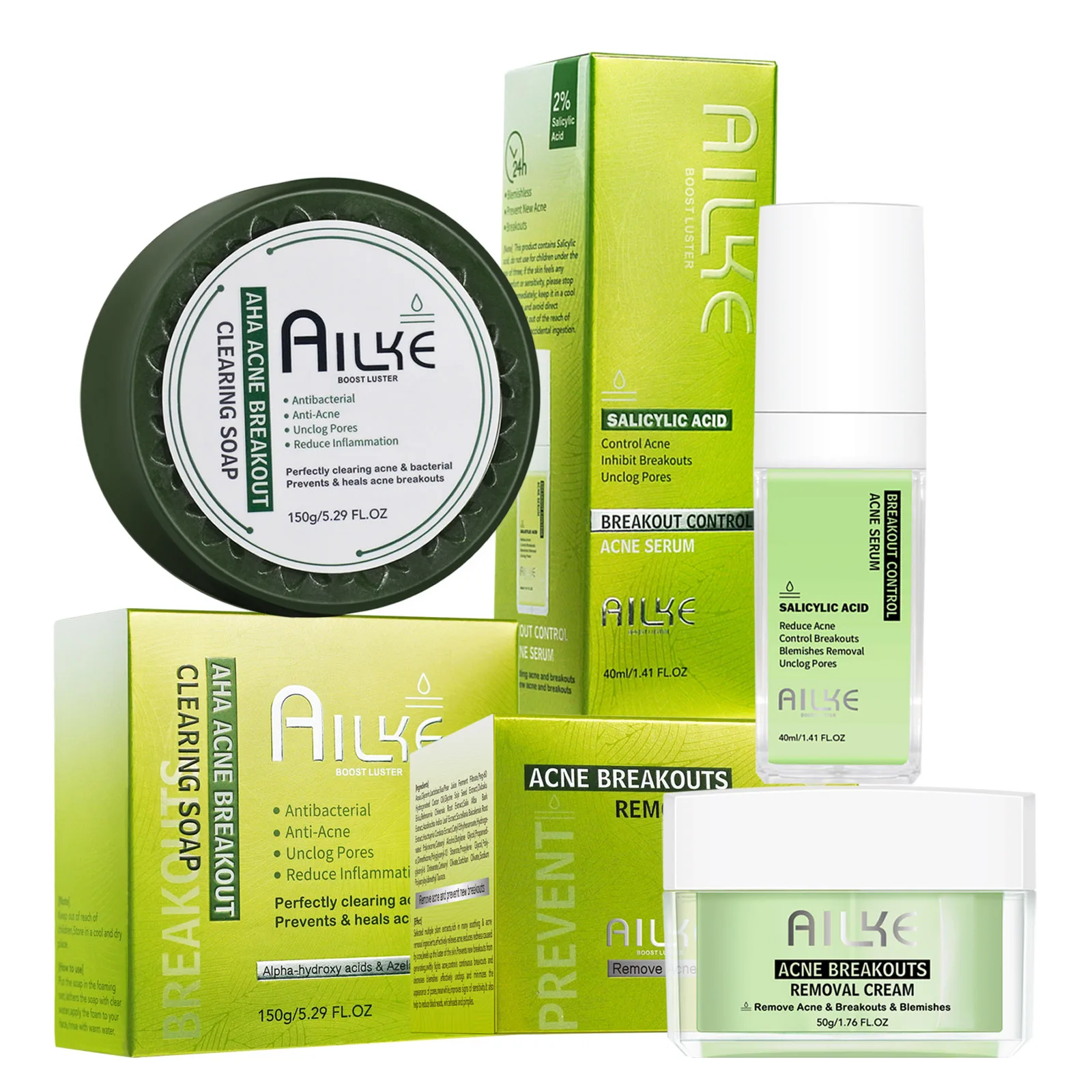 AILKE Organic Anti-Acne Cleansing Face Care Set, Smooth Skin, Reduce Pimples, Spots, Prevent Breakout