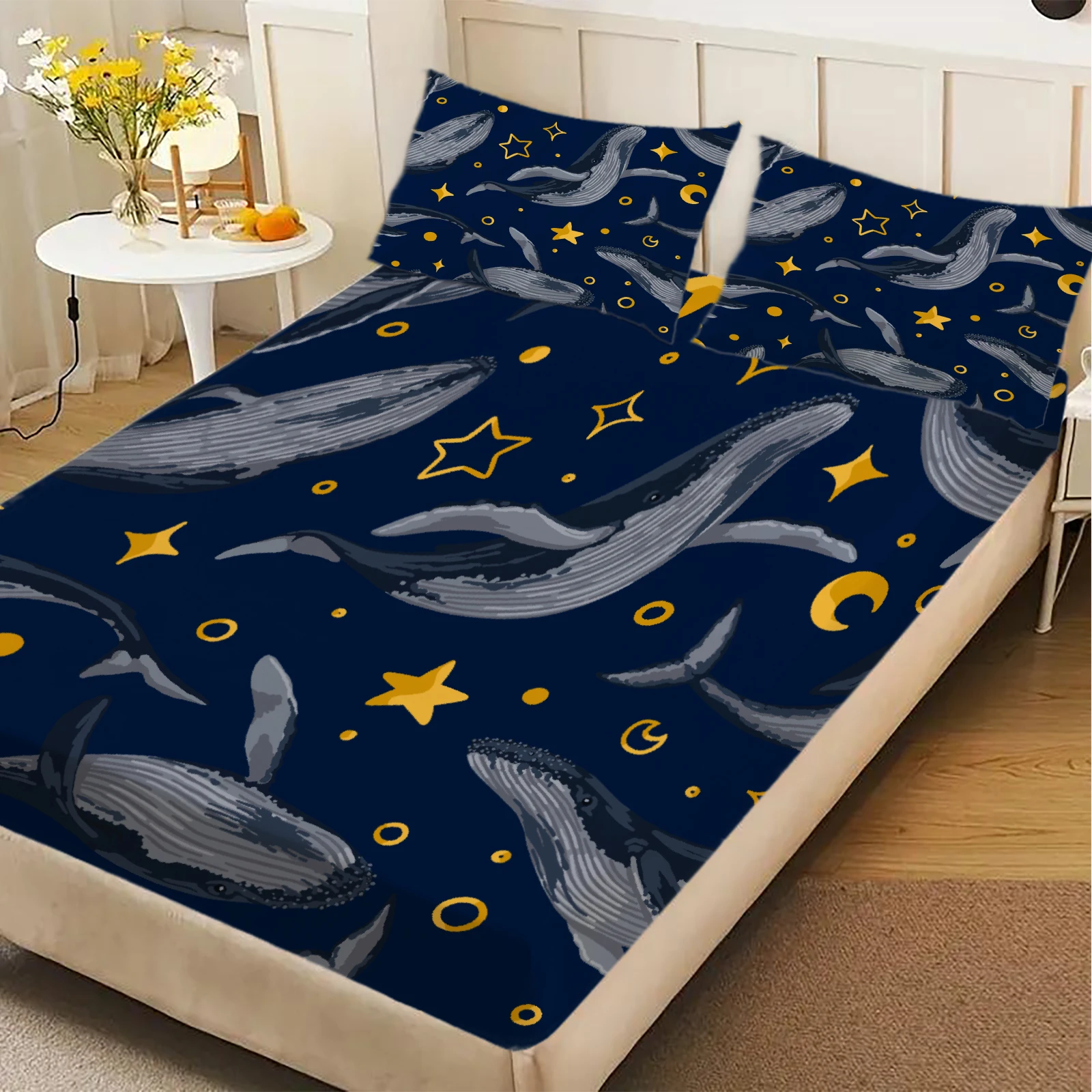 3pcs Fitted Sheet Set Watecolor Style Room Decor Whales Stars Moons Circles Dots Printed Polyester Bed Sheet With 2 Pillowcases