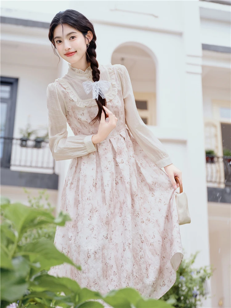 Plus size Spring/Fall Women's Casual dress Loose and comfortable pink lace patchwork party dress 2024 new women's clothing large