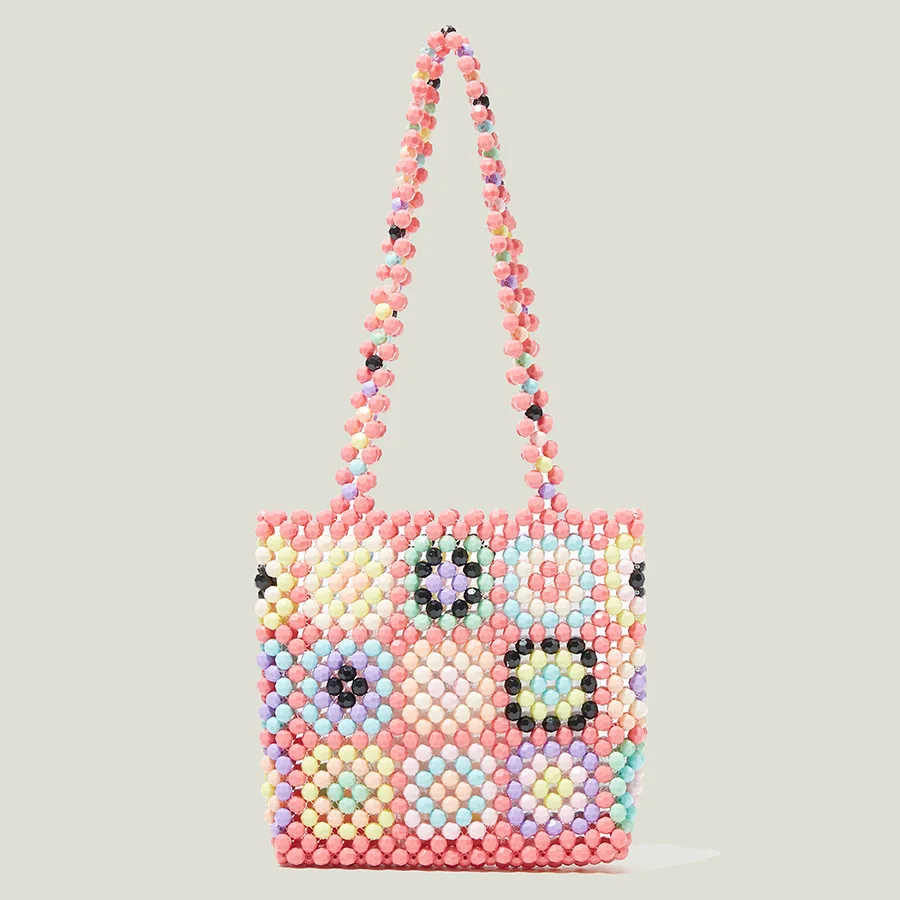 New Summer Colorful Bead Jelly Bag Purse Handmade Checkered Weave Handbags Large Handmade Pearl Acrylic Bag Designer Totes