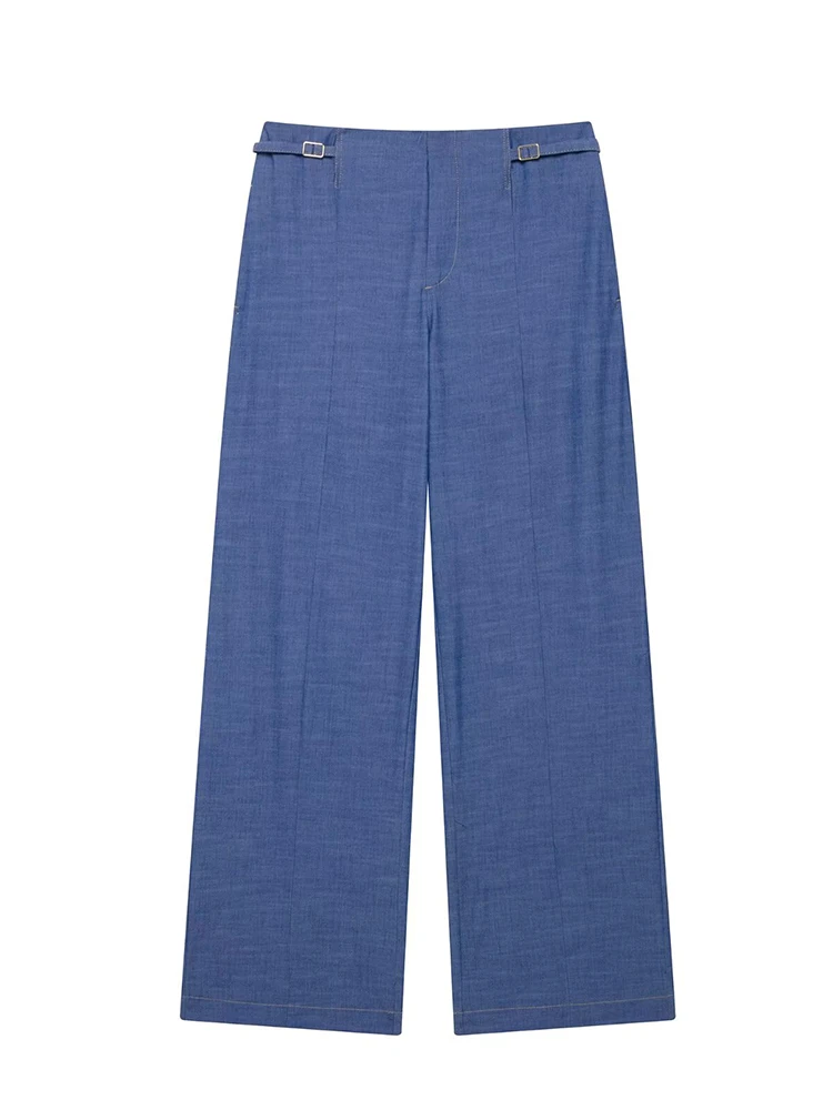 

KUCLUT Women Fashion Blue Lace Up Front Zipper Wide Leg Pants Vintage High Waist Full Length Female Chic Lady Trousers