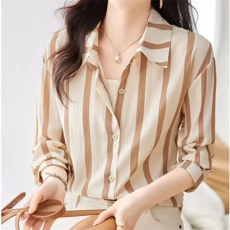 Primavera outono femme novas mangas compridas topos de alta qualidade senhoras moda listra cardigan blusa coreano feminino médio longo estilos camisa