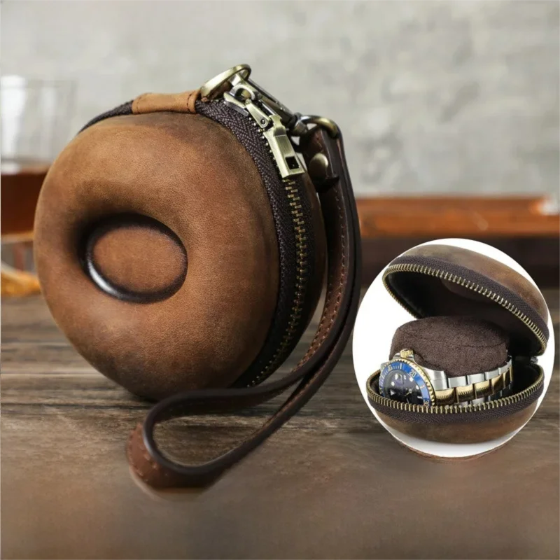 Vintage Donut Shape Watch Roll Case Retro Portable Cow Leather Watch Case Watch Holder Travel Jewelry Storage Pouch Organizer