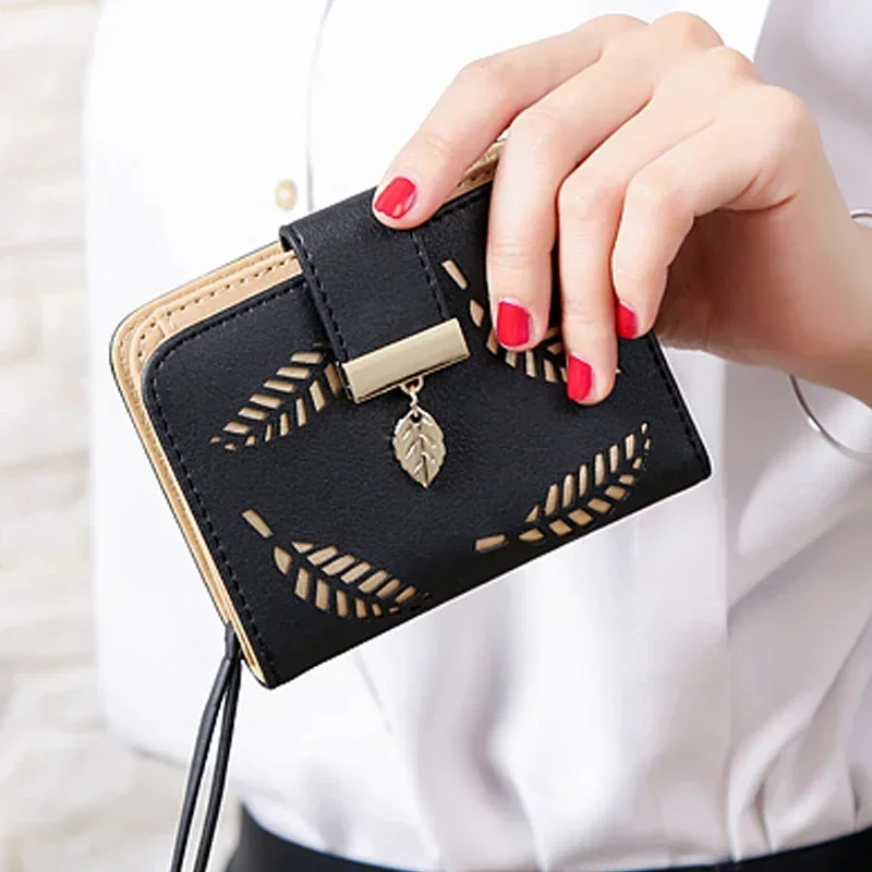 

Fashion Women's Purse Short Zipper Wallet Women Leather 2025 Luxury Brand Small Women Wallets Clutch Bag With Hollow Out Leaves