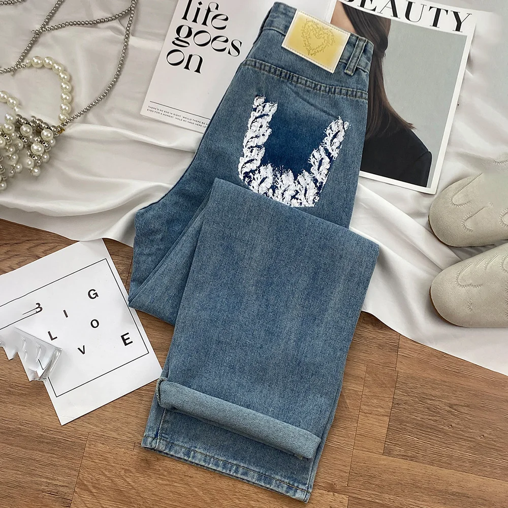 Floral Print Contrast Color Blue Women's Jeans Spring Autumn Casual Loose Straight Trousers Lady High Waist Wide Leg Denim Pants