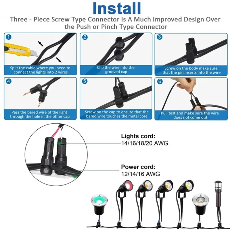 7W Low Voltage Landscape Light 12V LED Warm White Waterproof Outdoor Spotlight Garden Path Tree Lawn Light (8pcs with Connector)