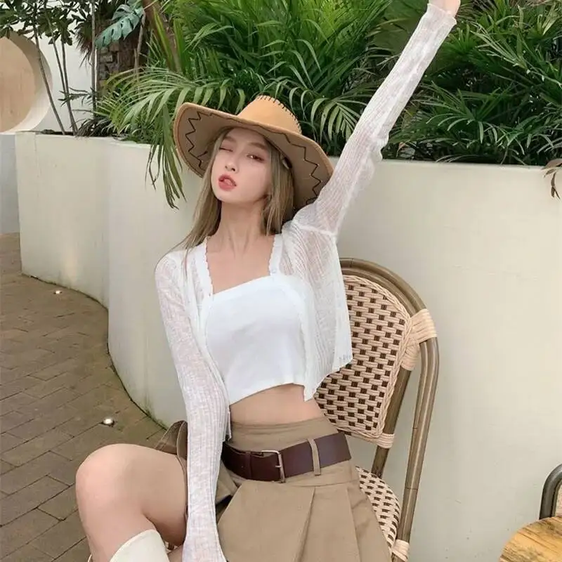 

Lucyever белый солнцезащитный кардиган женский летний тонкий вязаный пальто на одной пуговице женские сексуальные прозрачные укороченные топы из ледяного шелка