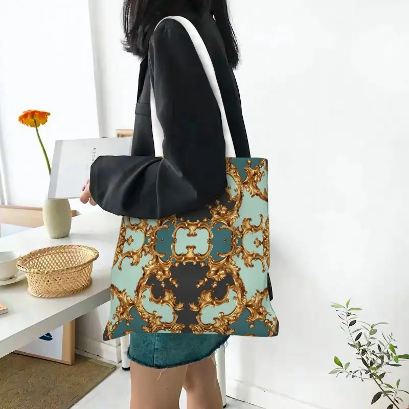 พิมพ์ลายน่ารัก GOLD baroque Elegance กระเป๋าช้อปปิงผ้าใบล้างทำความสะอาดได้ไหล่ Shopper รูปแบบเรขาคณิตกระเป๋าถือ