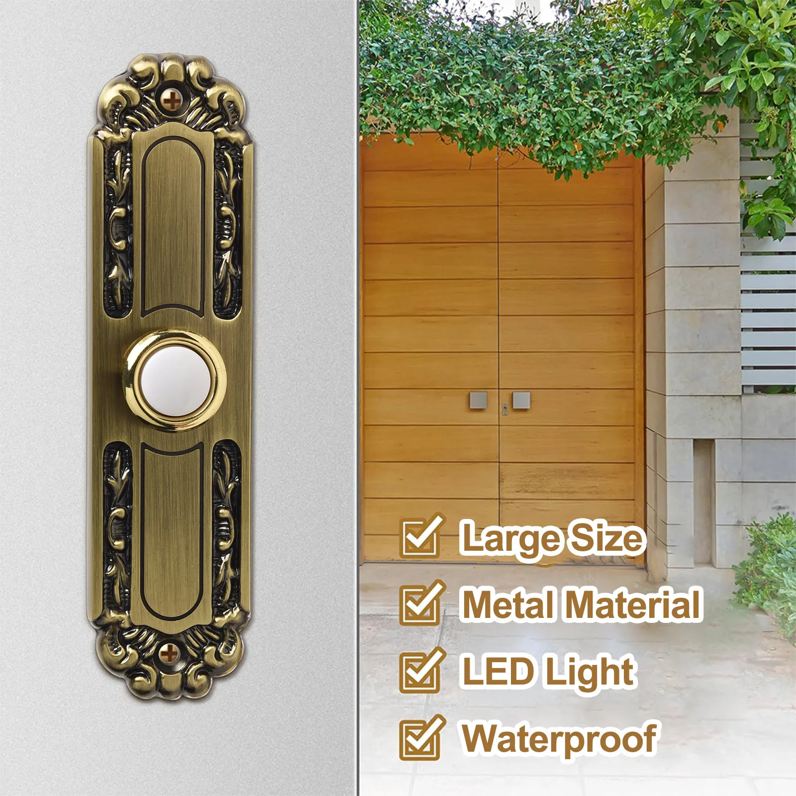 Weather Resistant Wired Doorbell Button in Sturdy Metal with Consistent Lighting from an Elegant Antique Bronze Finish