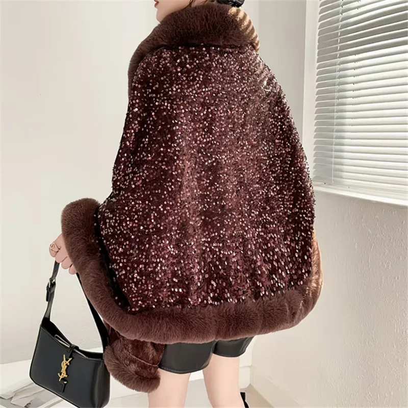 Faux Fur Coat for Women,England Style Jacket,Bat Sleeved Overcoat,Thick Warm,Sequins,Female Clothing,New, Winter,2025