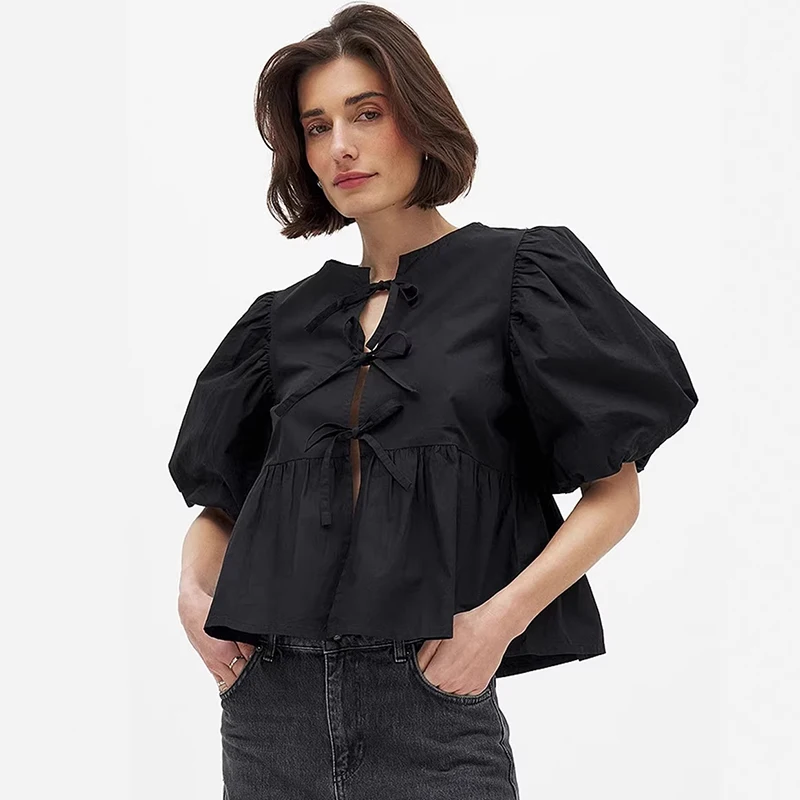 TARUXY Lace Up Round Neck Loose Short-Sleeved Top Women's Commuting  Summer New Puff Sleeves Gathered Cardigan Vacation T-Shirt