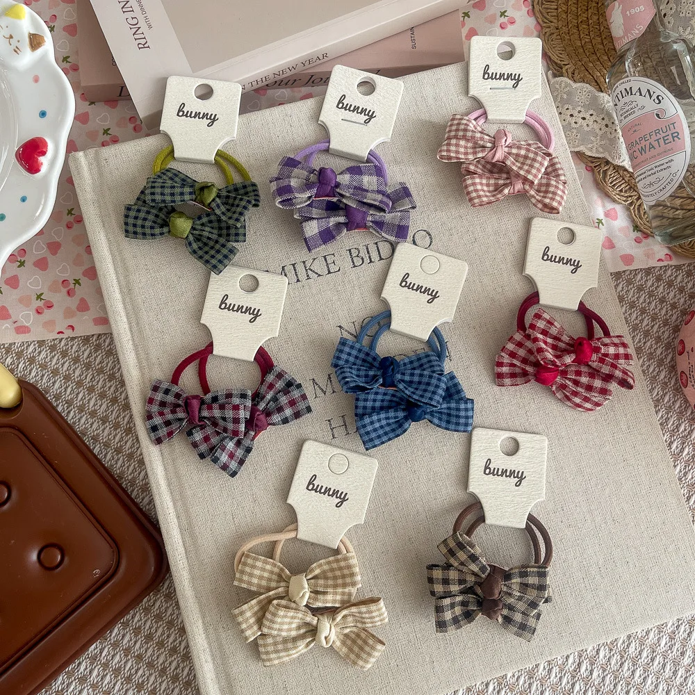 2pcs/lot Plaid Bow Rubber Band Children's Elastic Hair Band Sweet Girl Hair Rope Tie Ponytail Holder Headwear Hair Accessories
