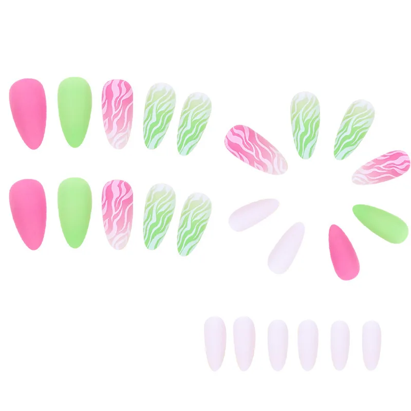 24 Stks/set Nepnagels Levert Verse Groene Rozengolflijnen Verwaarlozen Franse Korte Amandeltips Faux Ongles Drukken Op Valse Nagelset
