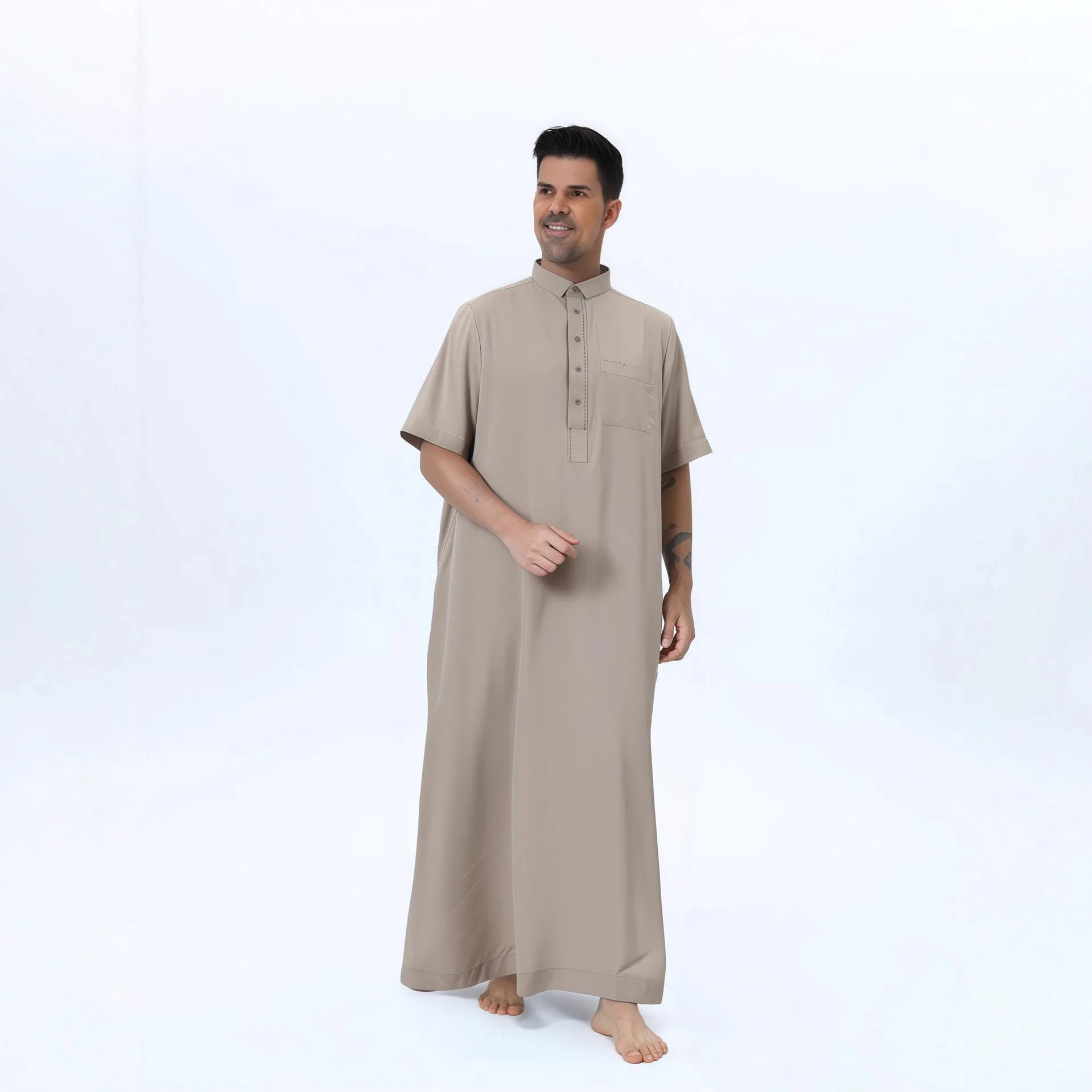 Eid Muslim Men Jubba Thobe Dress Kaftan Short Sleeve Solid High Neck Abaya Dubai Saudi Arabia Islam Mens Robe Daffah Dishdasha