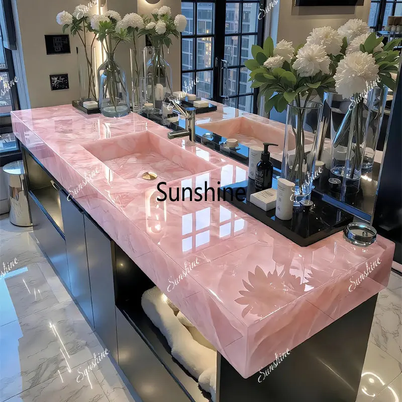 Customized powder crystal, light transmission, integrated basin, countertop, bathroom, hotel wind bathroom cabinet combination