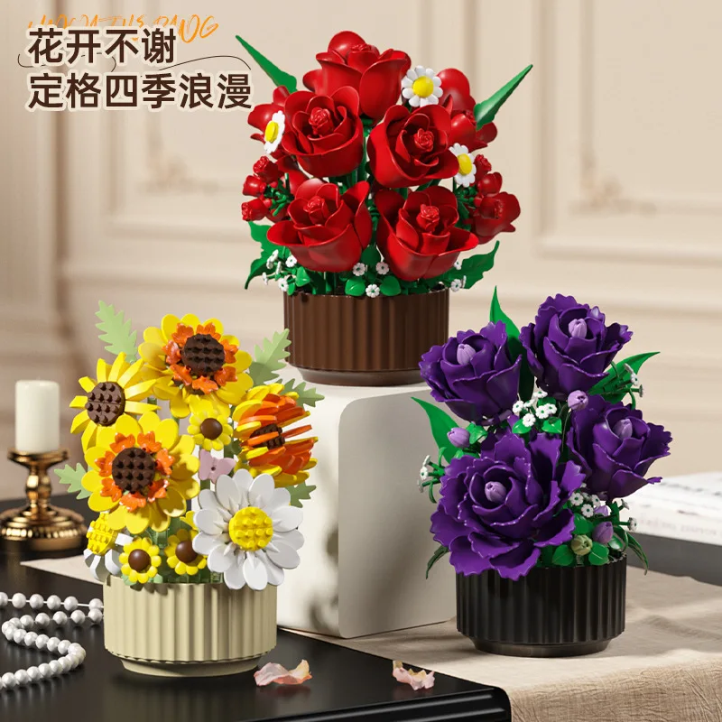Sunflower Rose Eustoma Flower Basket Building Blocks, Potted Flower Bricks Model, Desktop Display Ornament Collectible Gift
