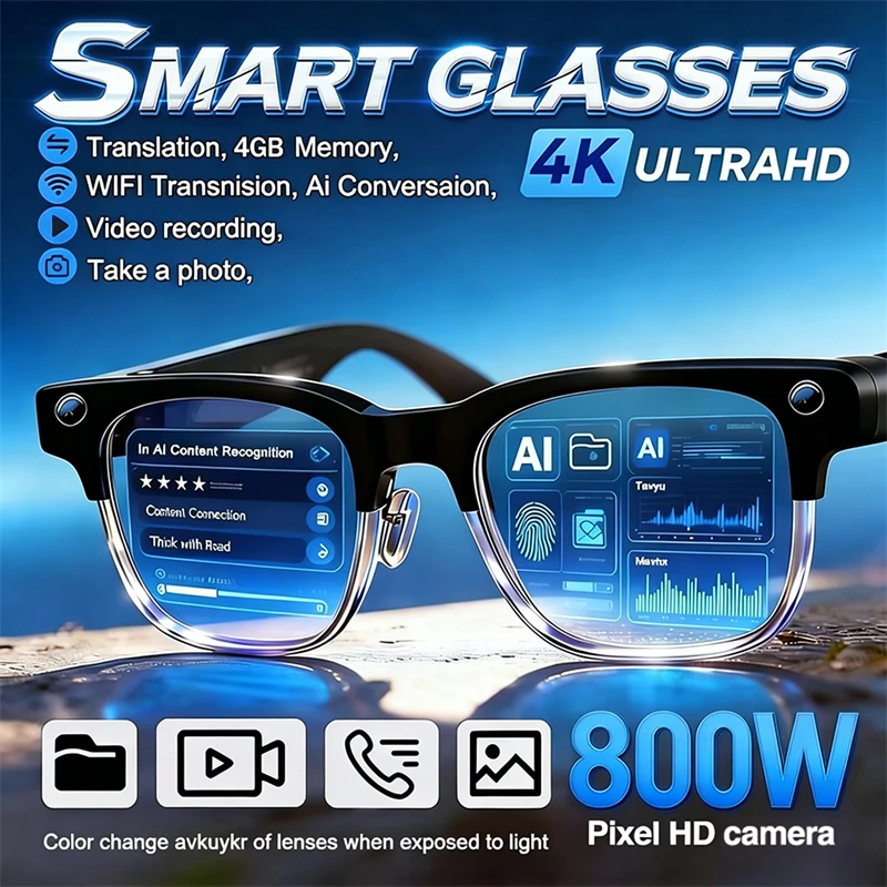 

Умные очки LIGE New 800W Pixel Camera для мужчин с записью видео 4K, распознаванием фото на базе ИИ, Bluetooth-звонками и голосовым переводом