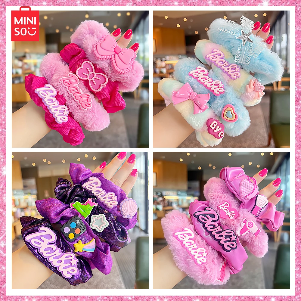 Miniso Barbie Pink Autumn Winter 4-Pcs Dopamine Colorful Sweet Cool Y2K Girl Large Plush Large Intestine Hair Ring Headwear Gift