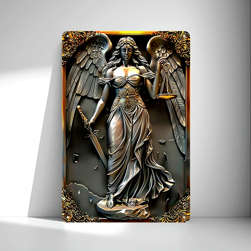 

Classic 3D Lady Justice Metal Sign Plaque, Aluminum Wall Art Decor with Angelic Theme for Room, Home, Decorative Wall Poster