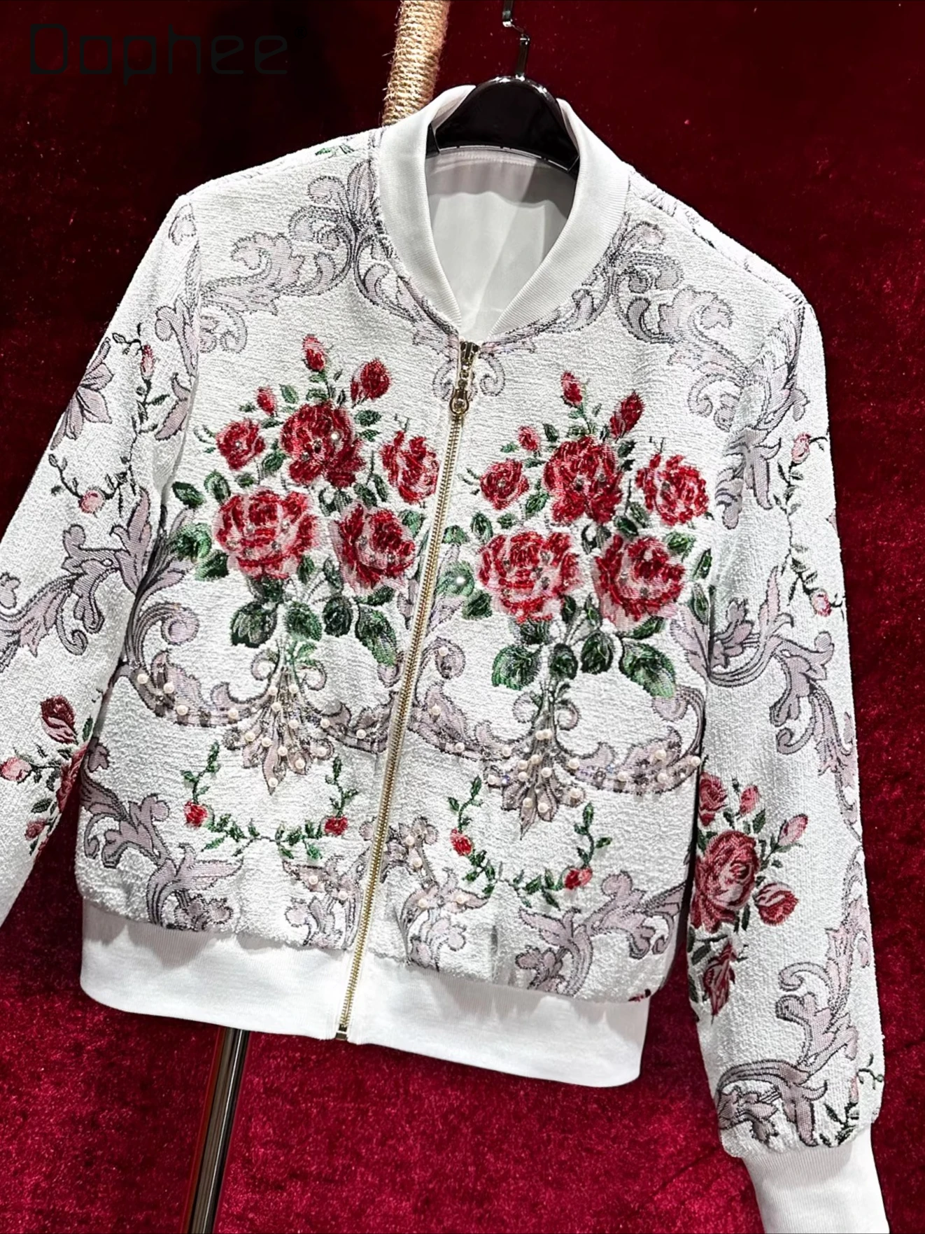 

Heavy Beading Luxury Versatile Elegant Jacquard Baseball Jacket High-end Floral Embroidery Patchwork Round Neck Casual Jacket