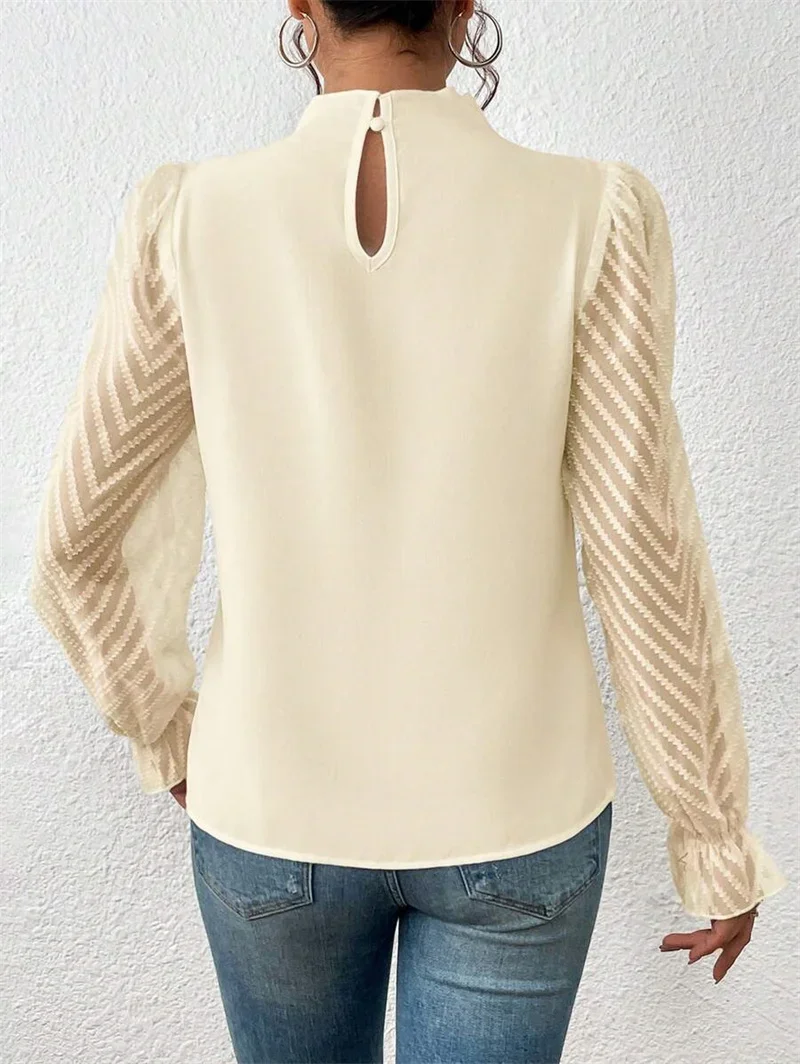 Women Elegant Ruffles Semi-High Neck Shirt Casual See-through Chiffon Wave Long Sleeve Blouse Autumn Female Office Commuter Tops