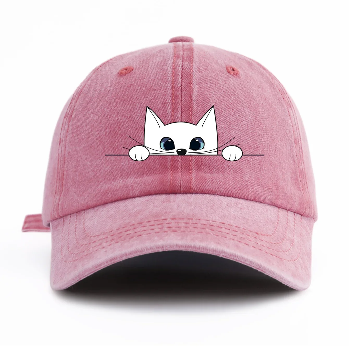 Cute Peeking White Cat Washed Baseball Cap Funny Pink Graphic Printed Hat Retro Adjustable Dad Hat Sports Cap Men Women