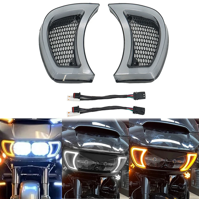 Motorcycle LED Turn Signals Indicator Lights Headlight Vent Accent For Harley Touring Road Glide Models 2015-Up