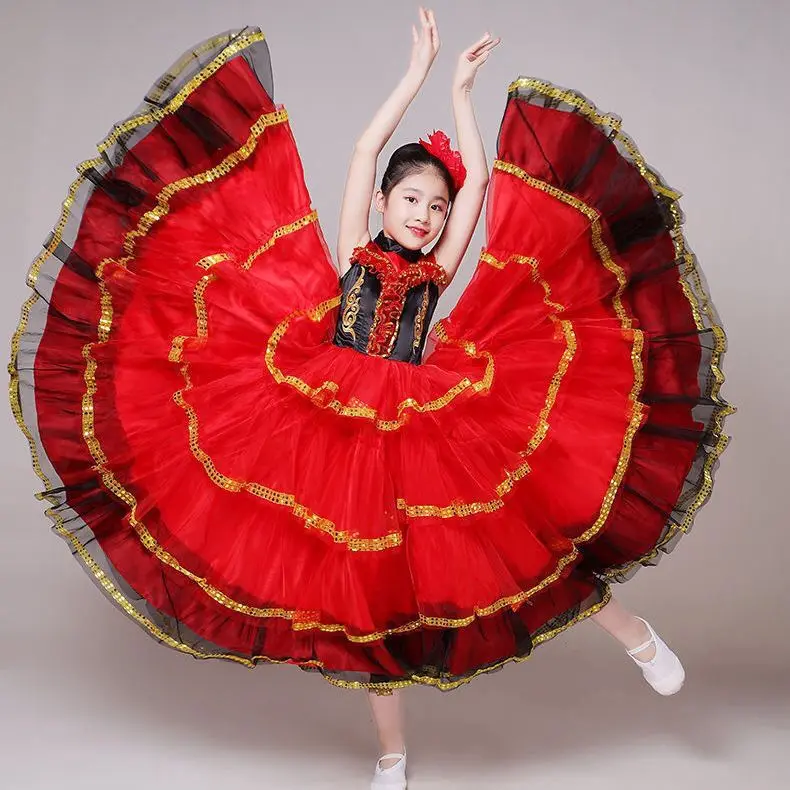 Robe de flamenco rouge longue pour filles, costume espagnol, jupe de scène de salle de Rhpour enfants, robes de danse pour enfants