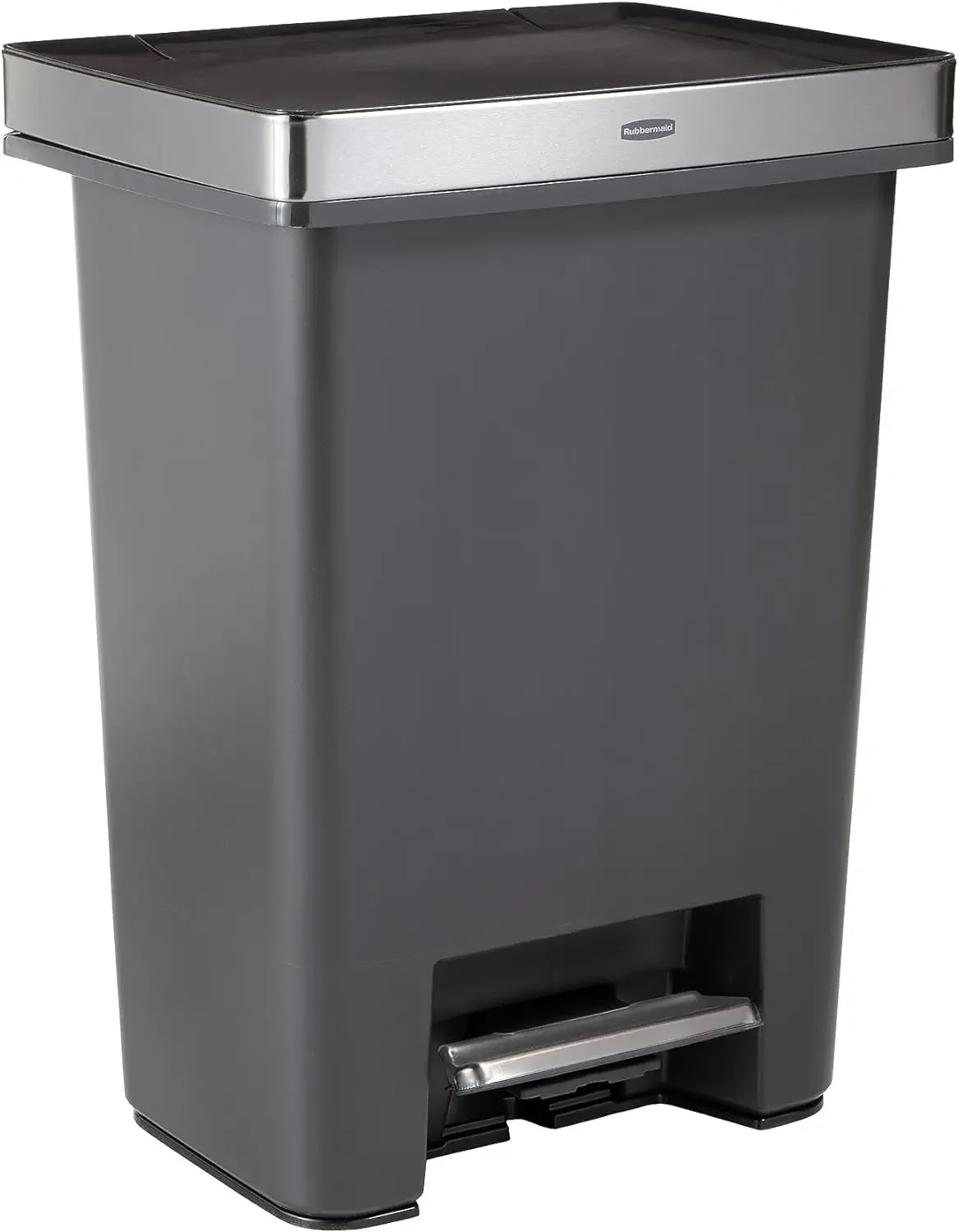 

Rubbermaid Premier High-Capacity Step-On Trash Can, 19 Gallon, Charcoal, Stainless-Steel Rim, Lid Lock, Quiet Lid,