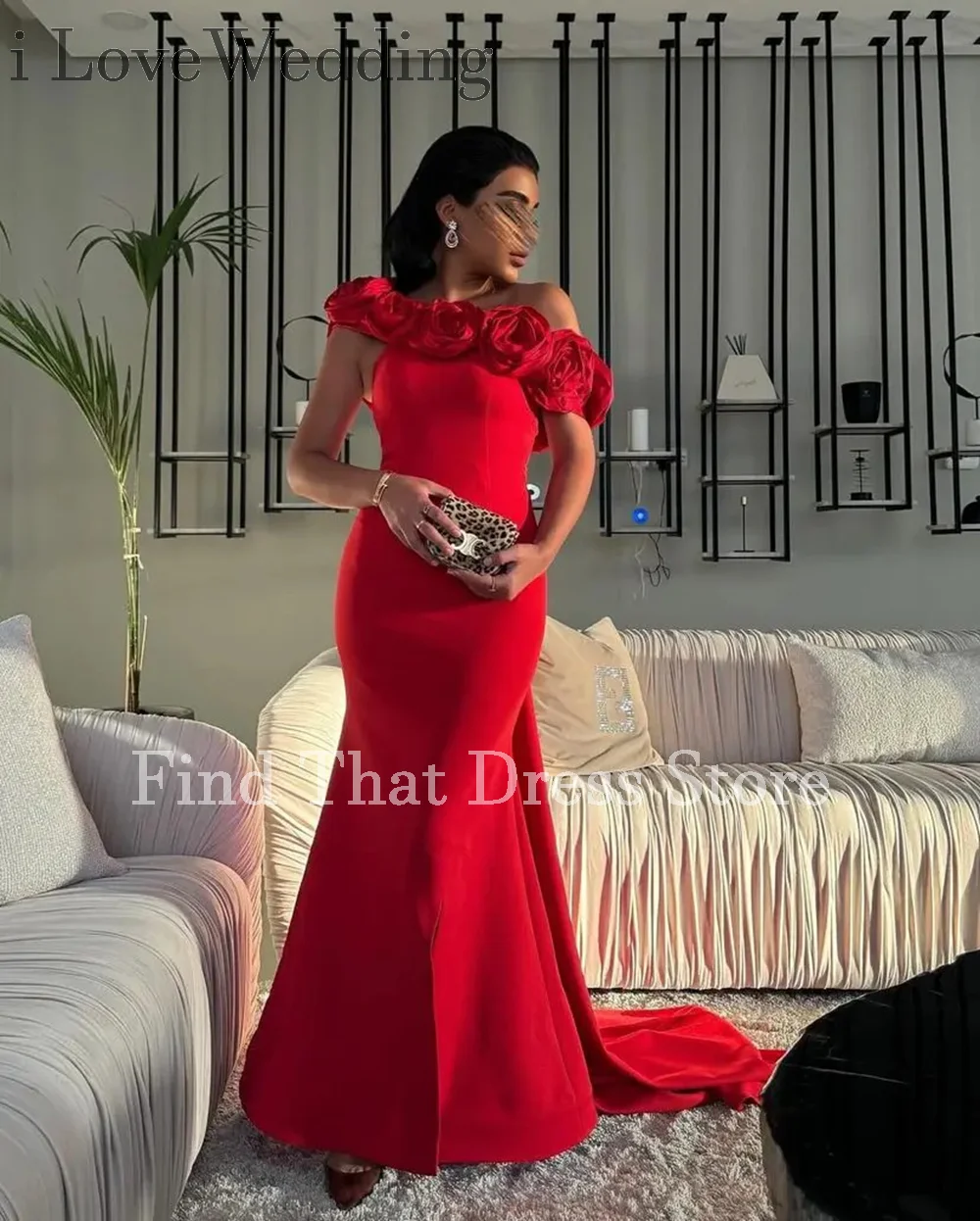 

Custom Made Red Elegant Boat Collar Handmade Flowers Evening Dress Backless Floor Length Sheath Prom Party Dress with Train
