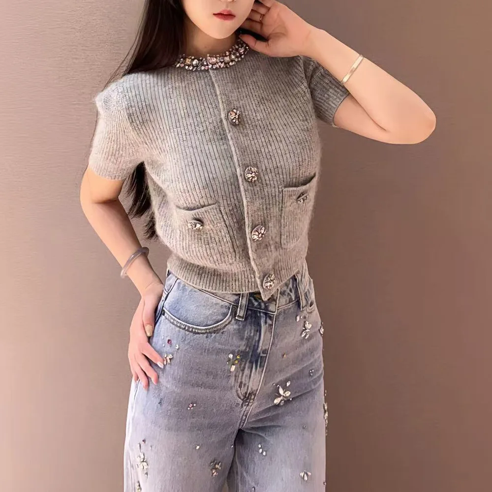 2025 autunno e inverno nuovo cardigan tempestato di diamanti da donna girocollo manica lunga top eleganti da donna