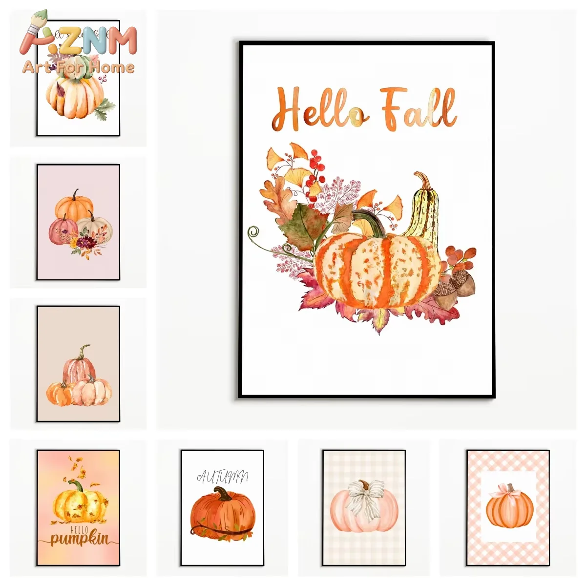 1PC Hello Fall Poster Simple Pumpkin Wall Art Autumn‑leaf Plants Canvas Printing Festival Gift Room Decor
