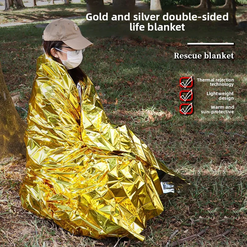 

Outdoor portable first aid blanket, thermal blanket 210*160, gold and silver bicolor emergency blanket, life-saving blanket