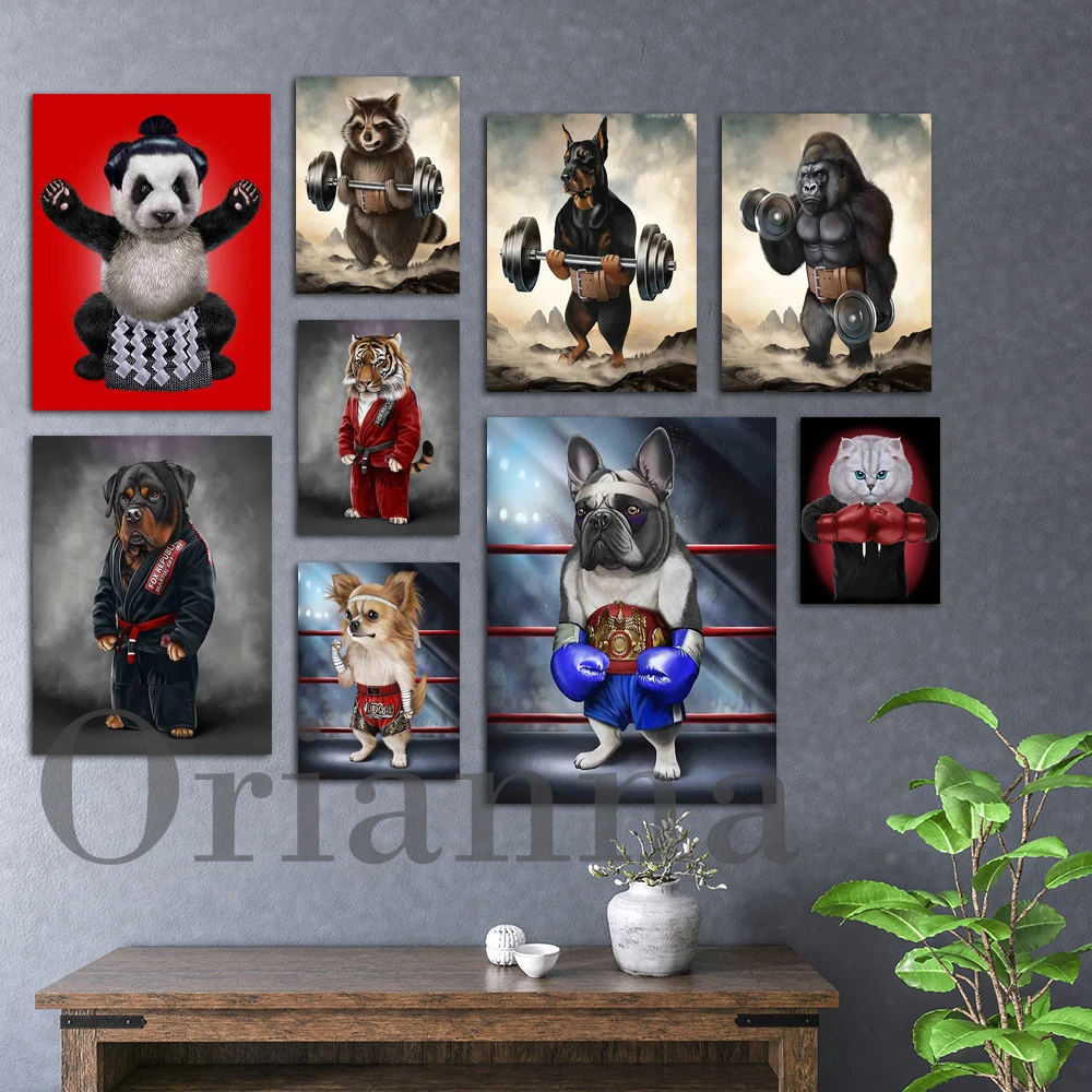 Sumo Panda Gorilla Dumbbell French Bull Dog Cat Boxer Chihuahua Pug Dog Thai Boxing Doberman Weightlifting Exercise Print Poster