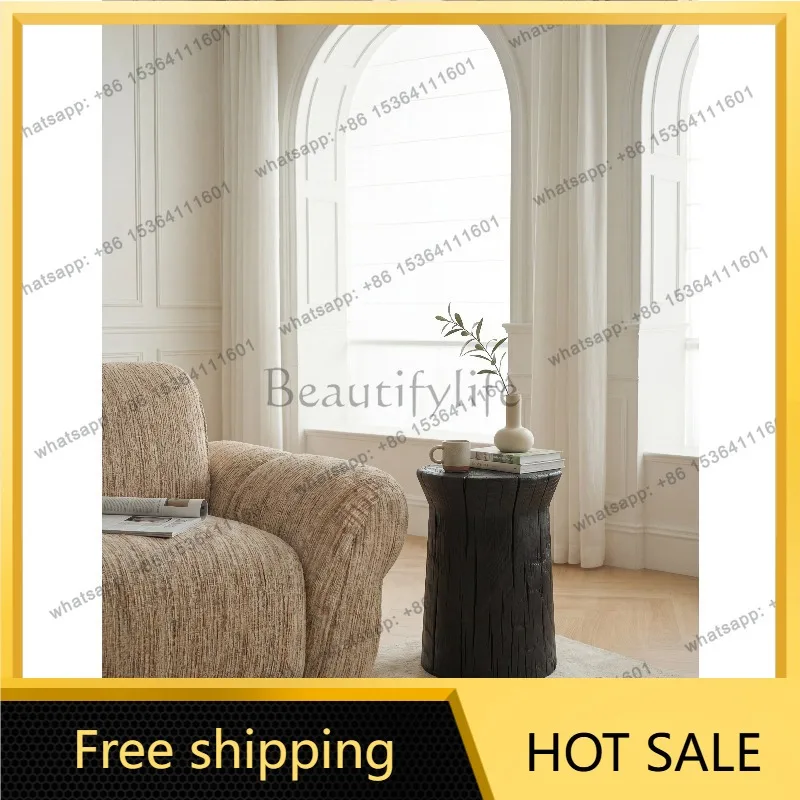 YJ Modern Minimalist Black Tree‑Stump‑Shape Wooden Side Table Round Corner Table For Home Living Room Sofa