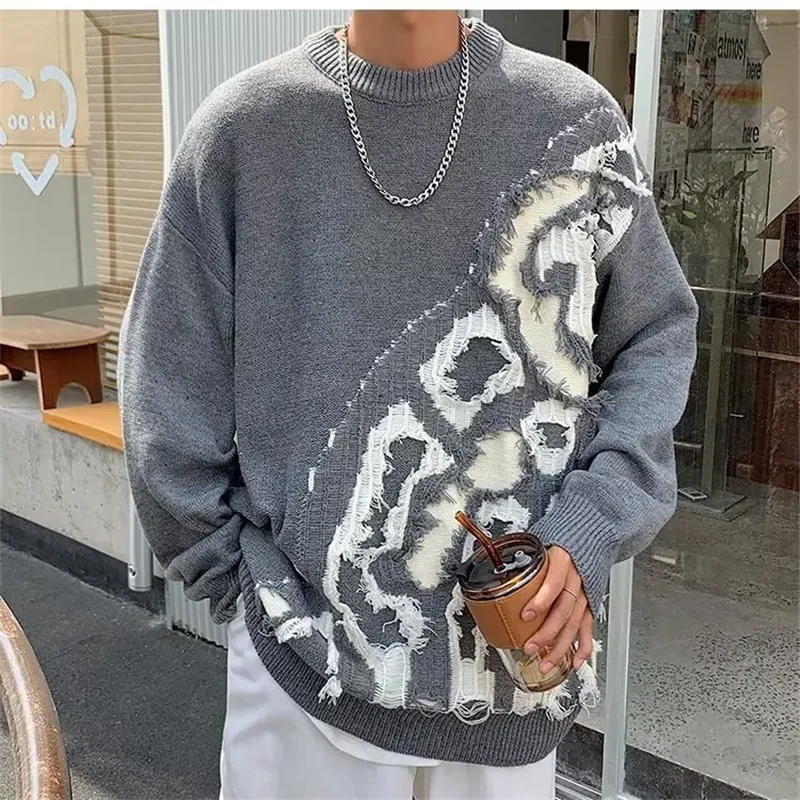 

Y2k Autumn Winter Men Patchwork Pullover Sweater Fashion Casual Loose O-Neck Knitted Oversize Man Streetwear Knitwear Pull Homme