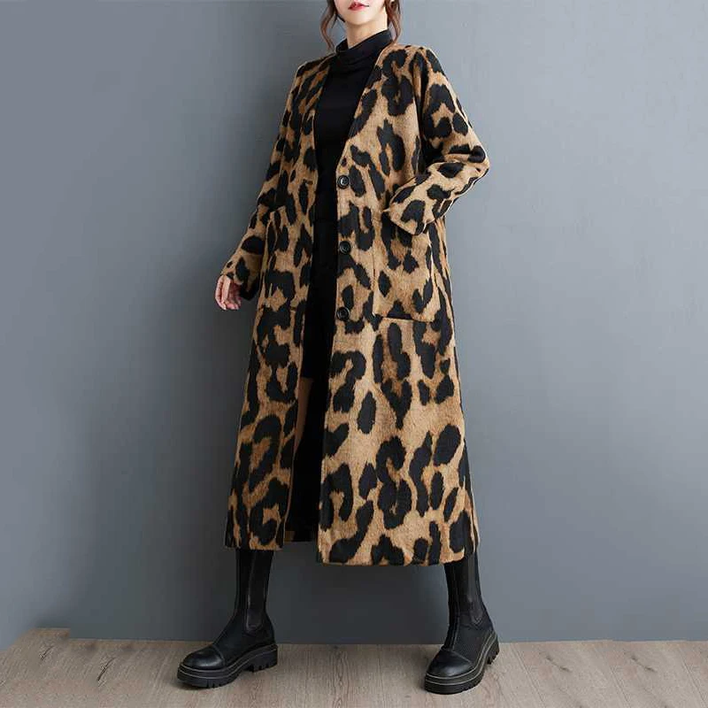 Beautyblue New in Coats&jackets Leopard Elegant Coat Woman Long Sleeves Pockets Split-Joint V-Neck Outerwear Female Trench Coats