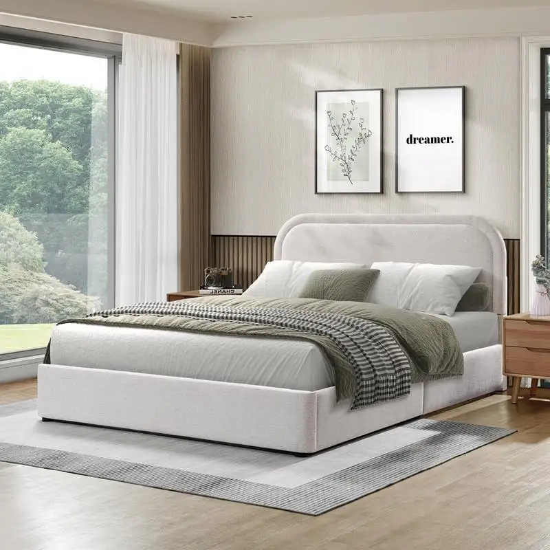 Rounded Upholstered Bed Frame with Boucle Fabric Headboard, Modern Design, Comfortable Support, Stylish Bedroom Furniture,