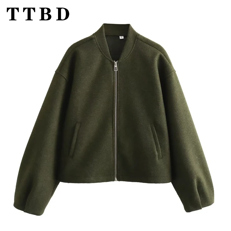 TTBD 2024 New Autumn Winter Women's Fashion Solid Zipper Bomber Jacket Ladies Vintage O-Neck Long Sleeve Chic Coat