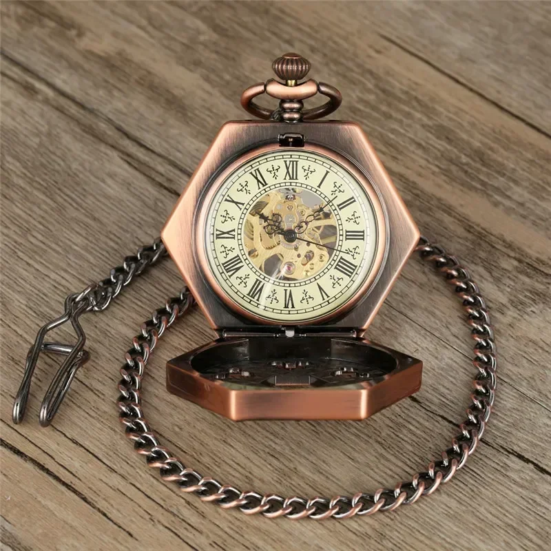 Antique Red Copper Hexagone Shape Unisex Handwinding Mechanical Pocket Watch Skeleton Clock with Pendant Chain Roman Number Dial