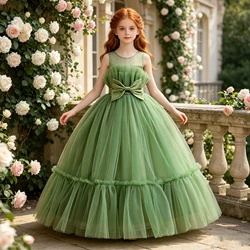 Fluffy White Girls Bridemaid Dress Christmas Bow Tulle Wedding Princess Kids Party Dresses for Girl Pageant First Communion Gown
